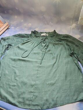 Talula Green Smocked Tie-Neck Peasant Blouse